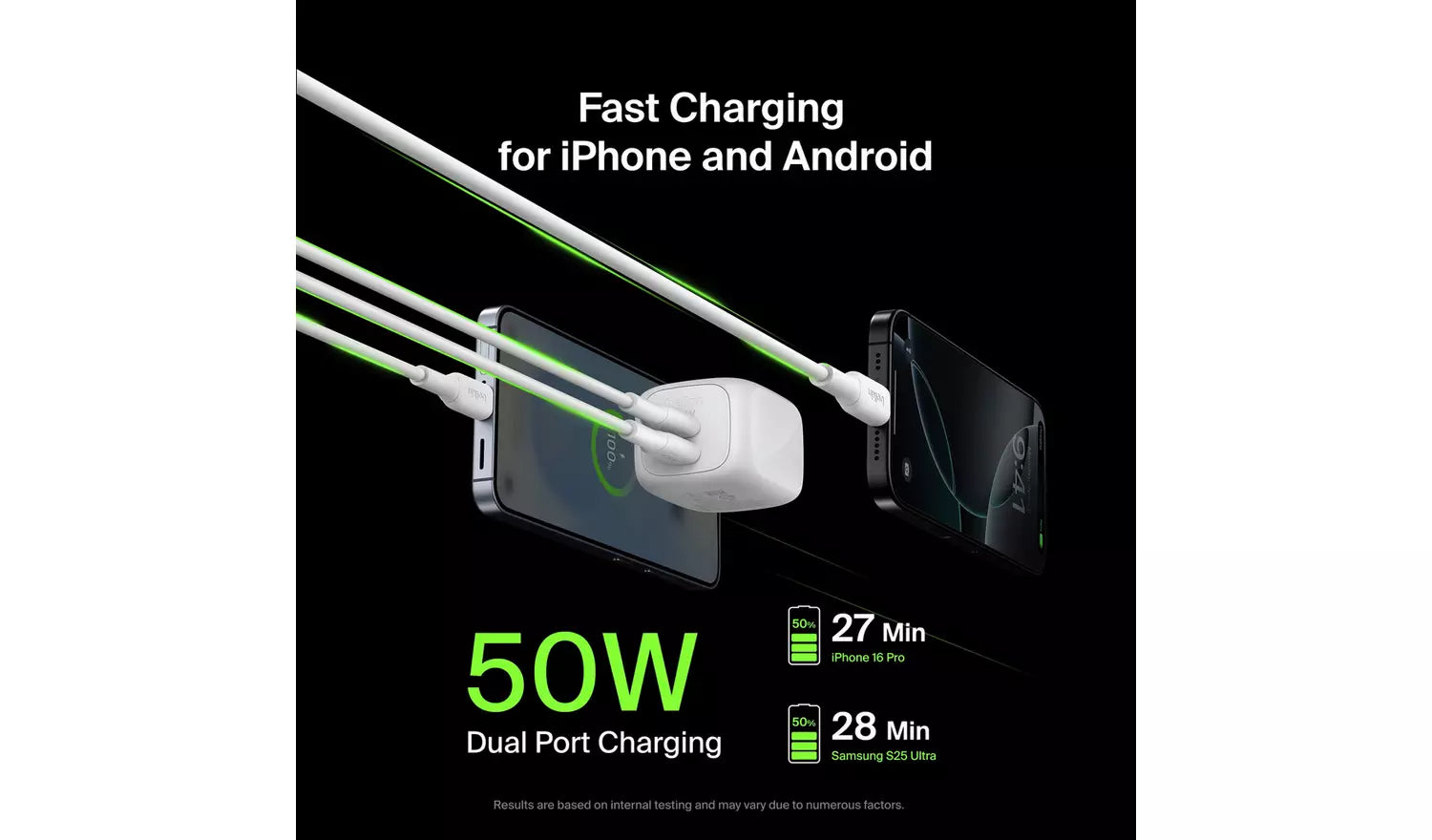 شاحن جداري بيلكن 50 واط ثنائي منفذ USB-C بتقنية GaN – أبيض