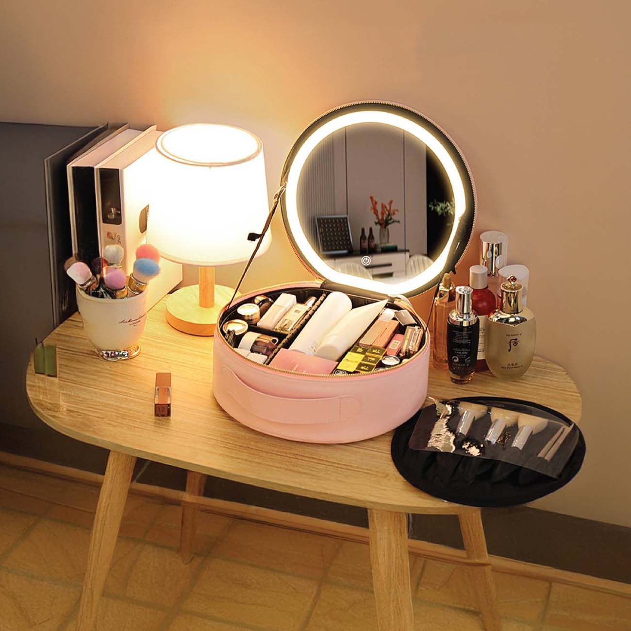 Green Lion Makeup Bag with LED Mirror Light 3 Brightness Levels Water-Resistant