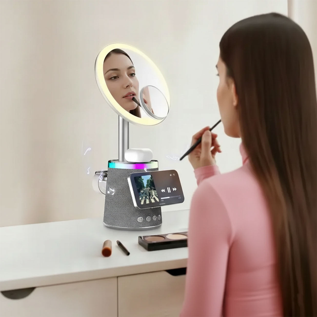 Porodo Makeup Mirror with Wireless Charger for Phone, AirPods and Apple Watch and Built-in Speaker
