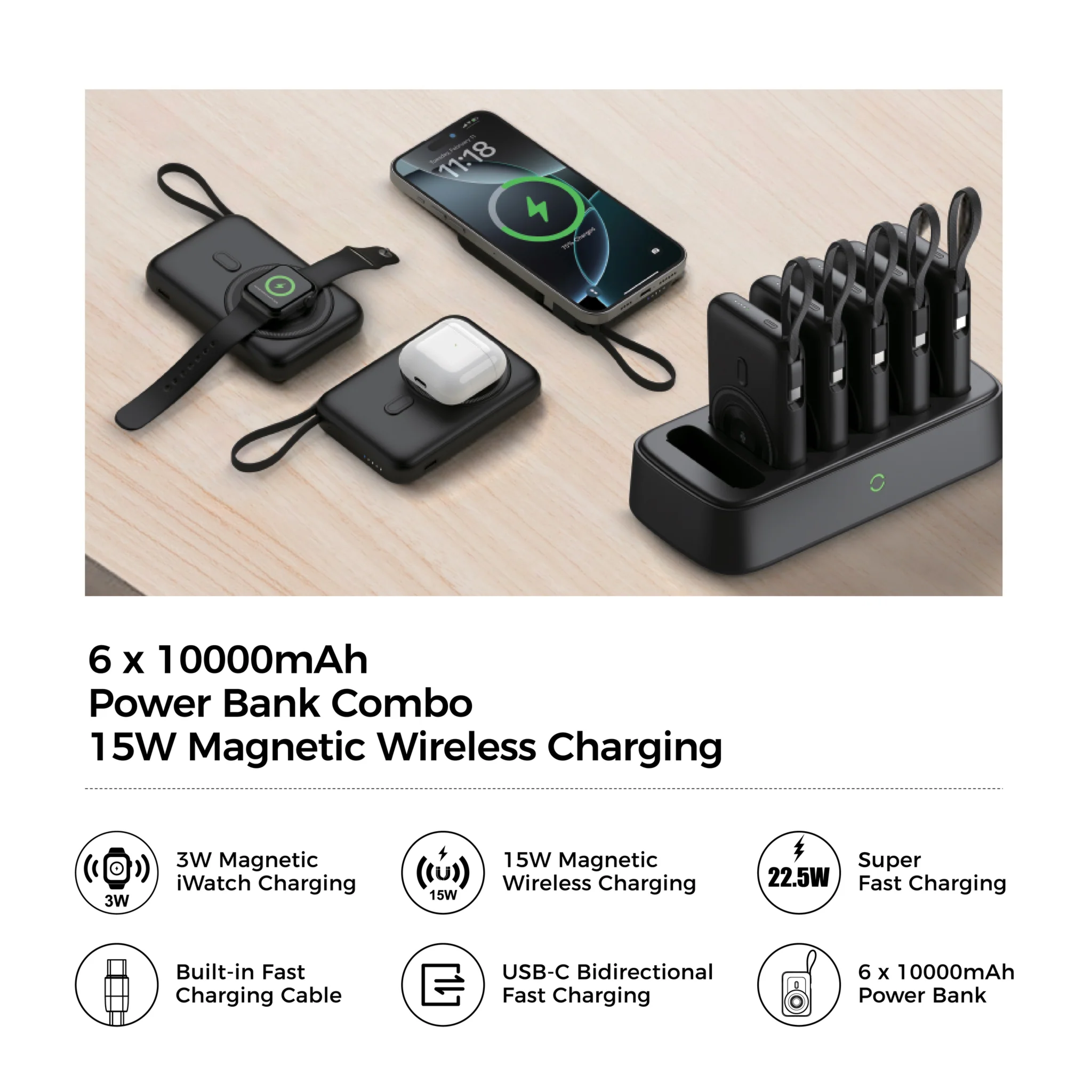 Exact Magnetic Power Bank 10000mAh 6-in-1 Charging Combo (EX1064) - Black