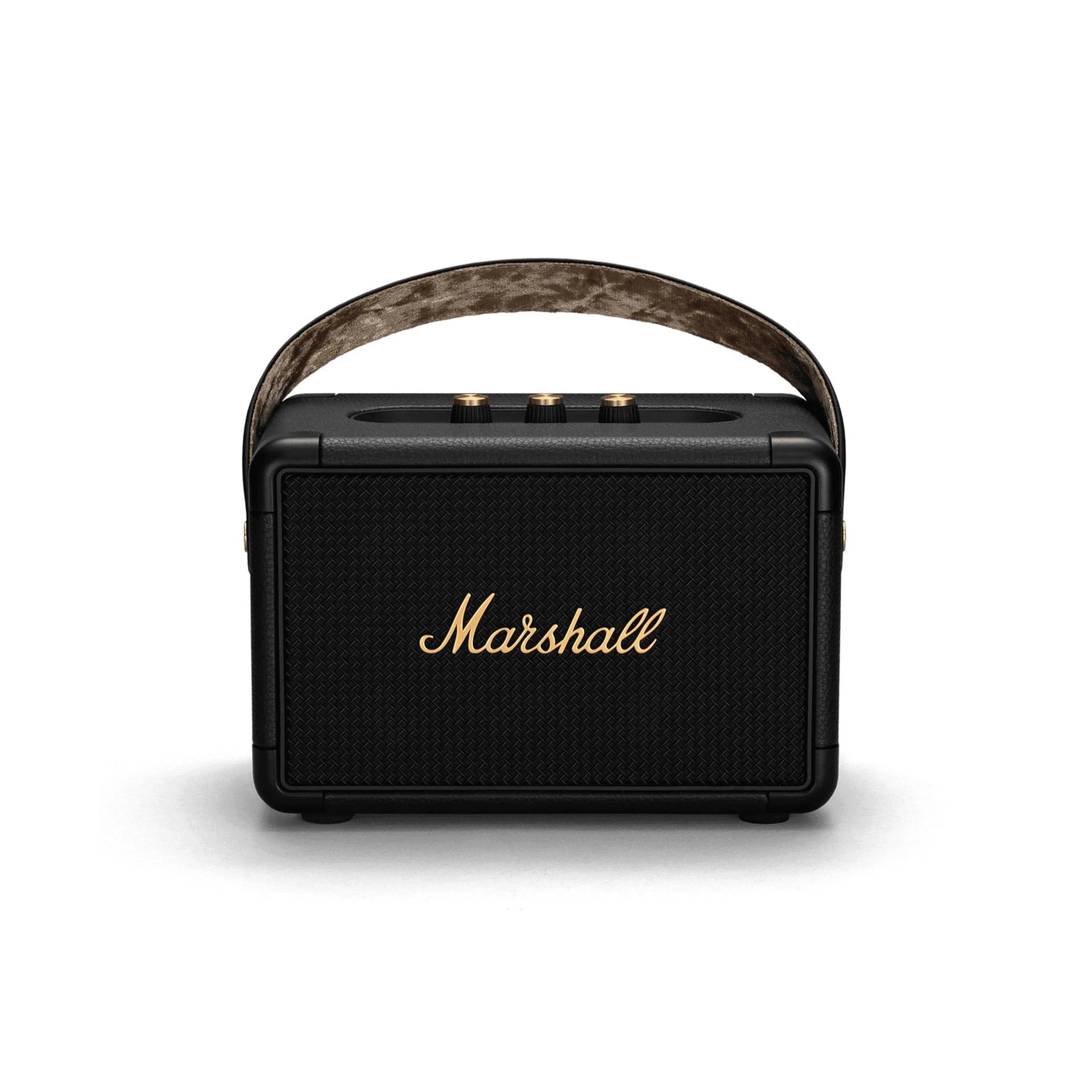 Marshall Kilburn II Portable Bluetooth Speaker – Black & Brass with True Stereo sound, long battery life, and carry strap, available in Doha, Qatar.

