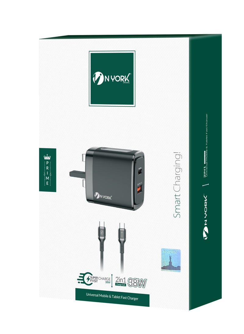 NYORK 38W Fast Charger 2in1 Charge suit PowerPort With Type C To Type C Universal Mobile & Tablet Fast Charger