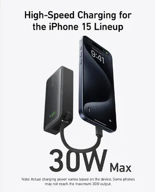 باور بانك أنكر نانو 30 وات، كابل USB-C مدمج، 10000 مللي أمبير/ساعة، A1259H11 - أسود 