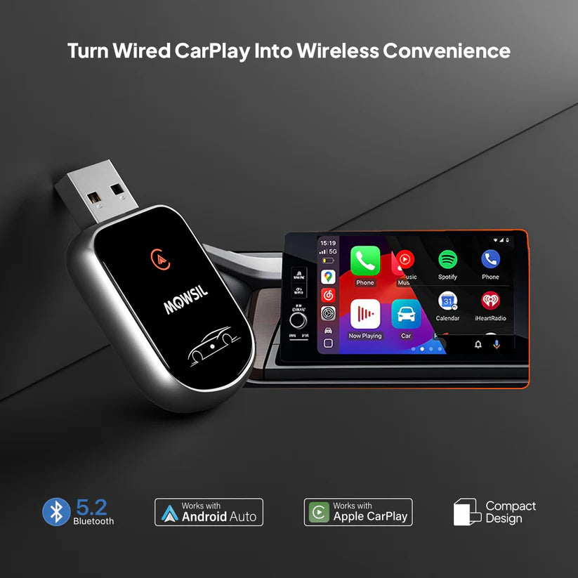 Mowsil Wireless CarPlay Smart Adapter Plug & Play USB Dongle with Bluetooth 5.2 & WiFi
