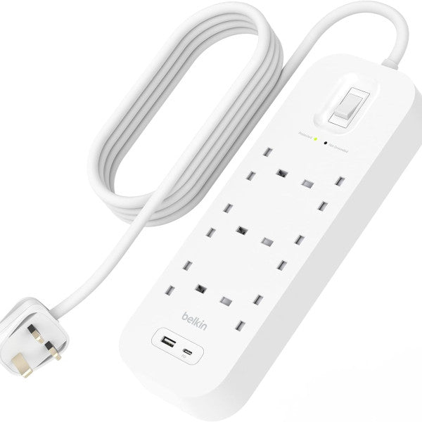 Belkin 6-Outlet Surge Protector 18W - USB-A & USB-C, 2M Cord, White