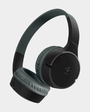Belkin SoundForm Mini Wireless On-Ear Headphones for Kids in Black, featuring volume-limited audio and durable design, available in Doha, Qatar.

