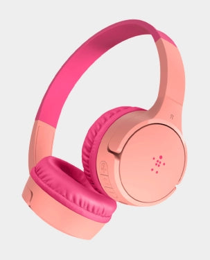 Belkin SoundForm Mini Wireless On-Ear Headphones for Kids in Pink, featuring volume-limited audio and durable design, available in Doha, Qatar.

