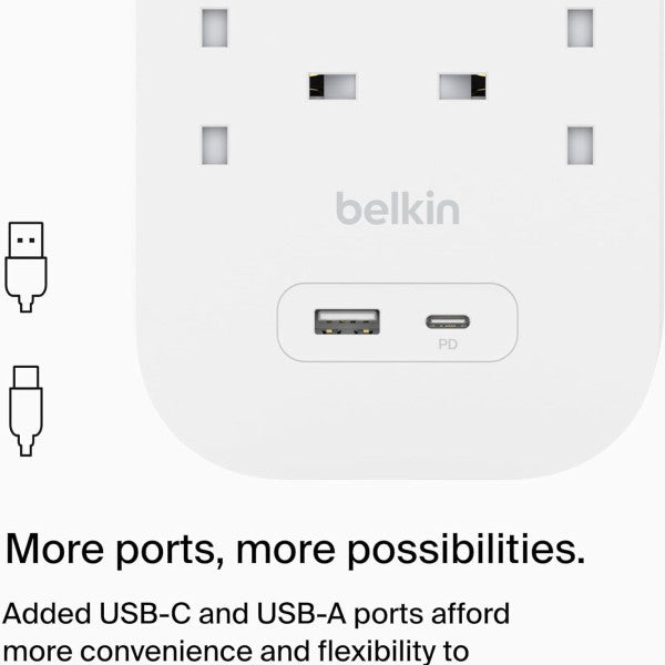 Belkin 6-Outlet Surge Protector 18W - USB-A & USB-C, 2M Cord, White