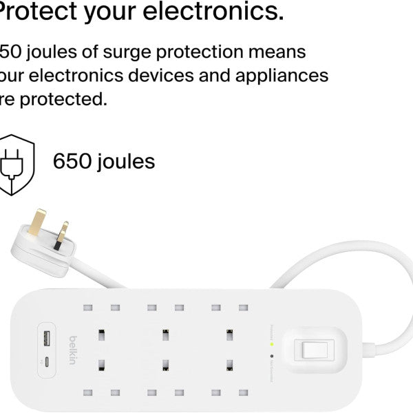 Belkin 6-Outlet Surge Protector 18W - USB-A & USB-C, 2M Cord, White