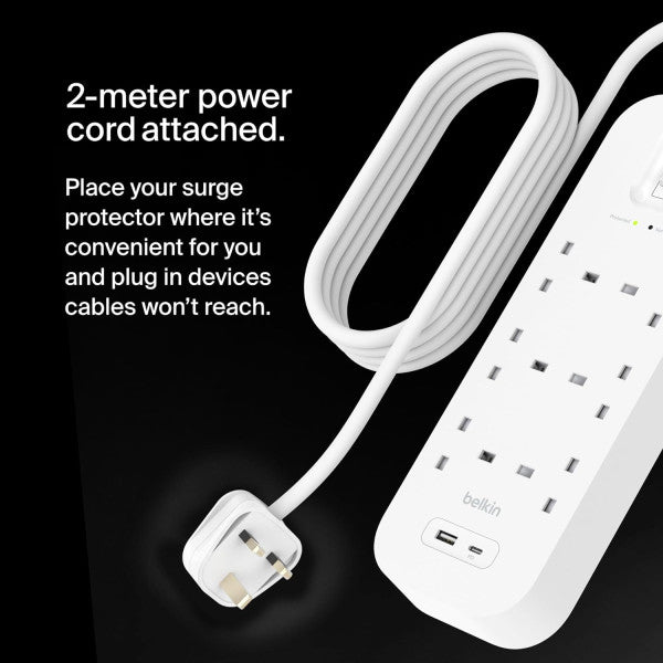 Belkin 6-Outlet Surge Protector 18W - USB-A & USB-C, 2M Cord, White