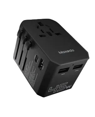 Moxedo Worldwide Travel Adapter 45W PD Lightning Fast Charger 1x USB-C 3x USB-A 1x AC Socket - Black Moxedo Worldwide Travel Adapter 45W PD Lightning Fast Charger 1x USB-C 3x USB-A 1x AC Socket - Black