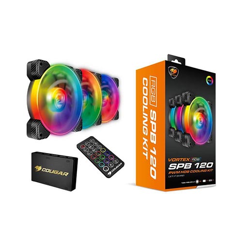 Cougar Hydraulic Vortex RGB SPB 120 mm PMW HDB Cooling Kit with addressable RGB Lighting, Core Box v2, Remote Controller and Three Vortex RGB SPB 120 CPU Cooling Fans (3 Pack)