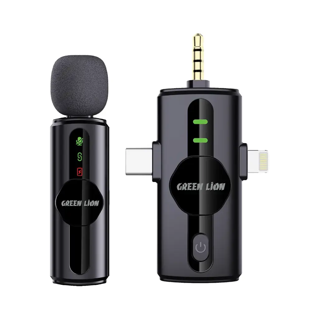 Green Lion 3 in 1 Noise Cancellation Microphone Black with Type-C, Lightning & Aux for clear voice recording in Qatar.