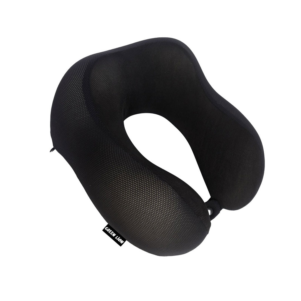 Green Lion Memory Foam Travel Neck Pillow in black for comfortable travel support, available for online purchase and delivery in Doha, Qatar.