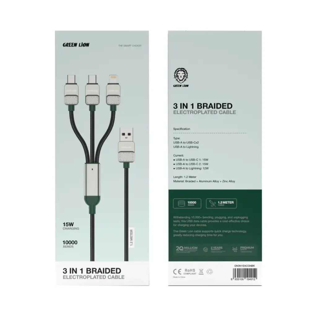 Green Lion 3-in-1 Cable Braided USB-A to C+C+L - Black + Dark Green