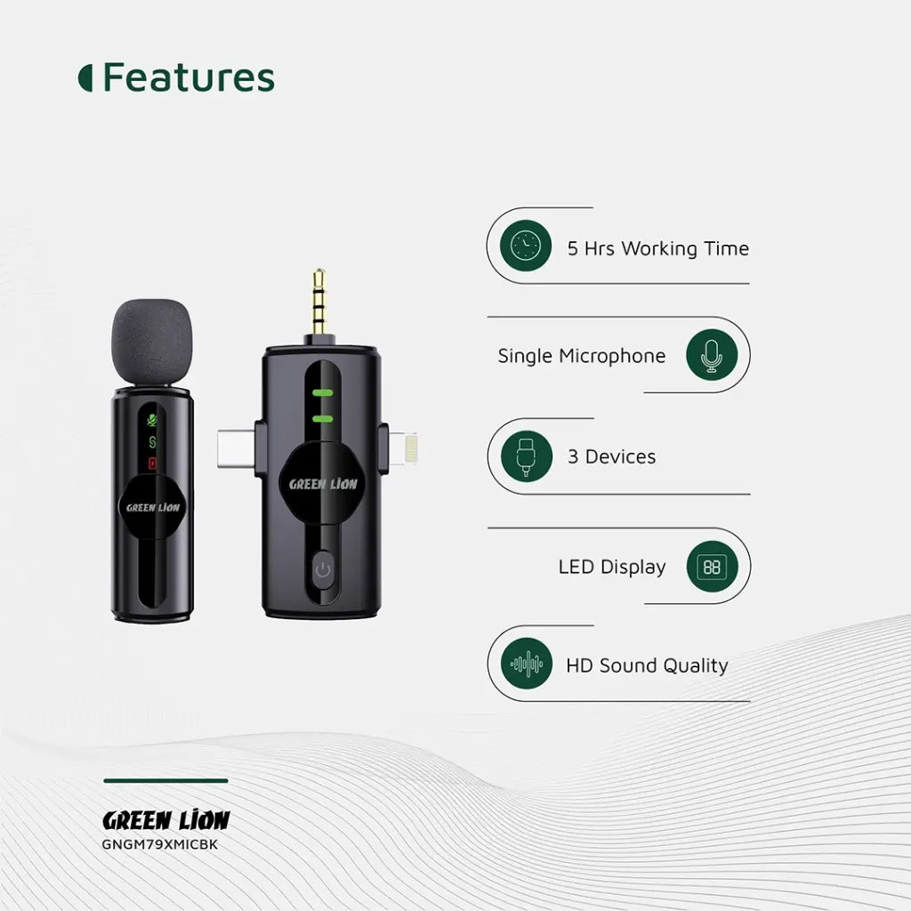Green Lion 3 in 1 Noise Cancellation Microphone - Black