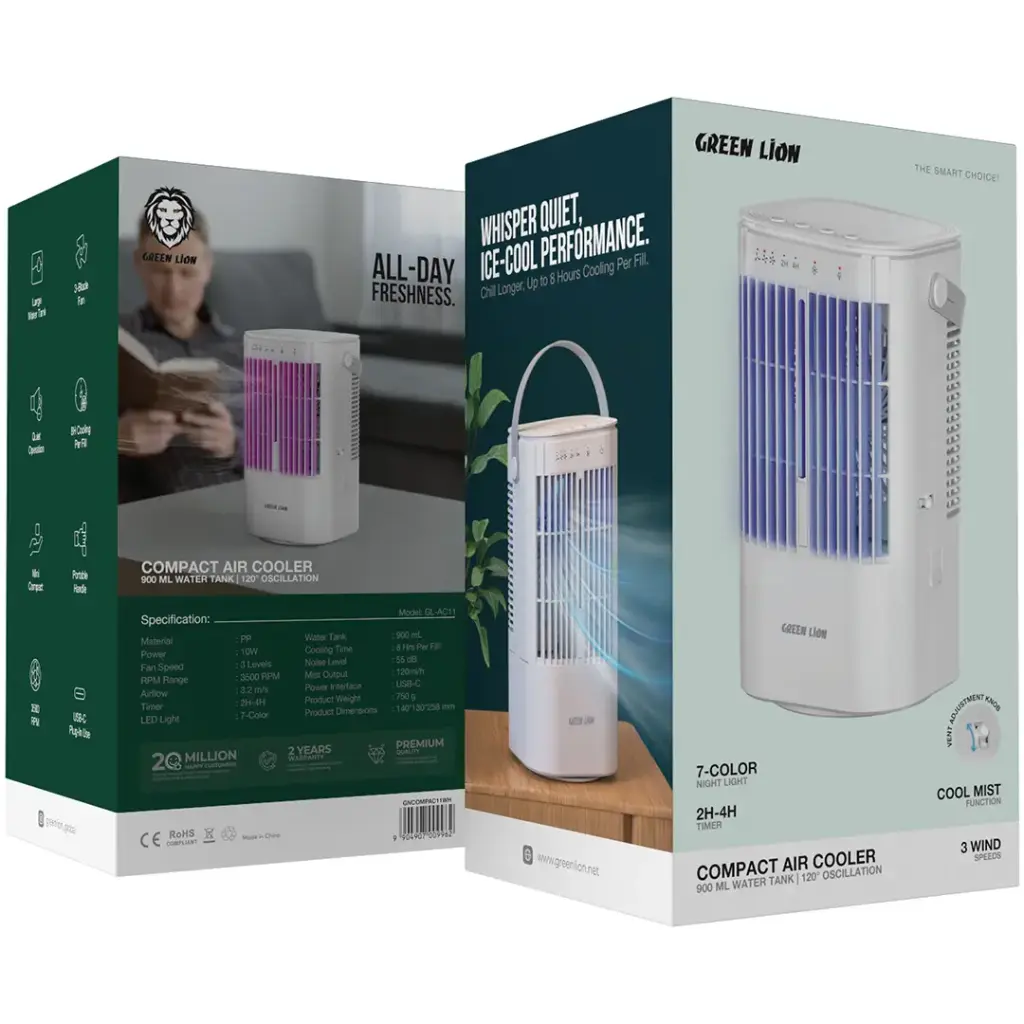 Green Lion Compact Air Cooler Fan with 900mL Water Tank & 120° Oscillation - White