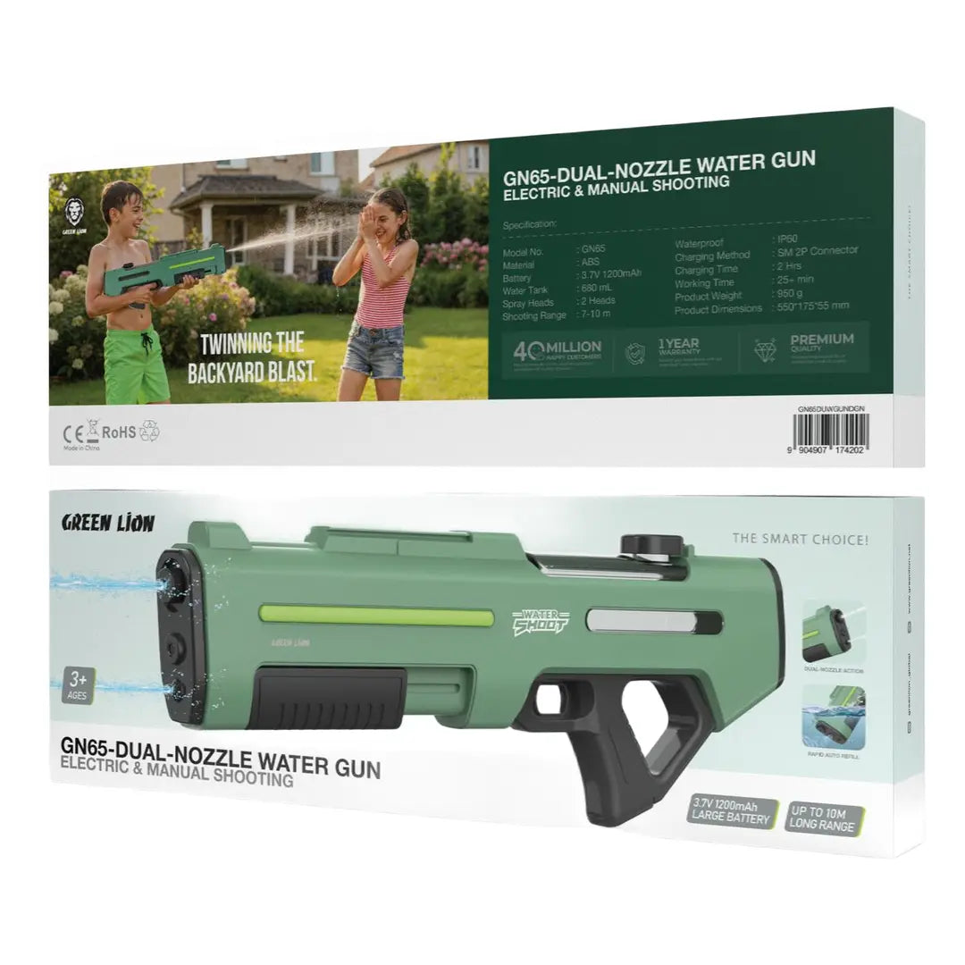 Green Lion GN65 Dual Nozzle Water Gun with Electric & Manual Shooting - Green Green Lion GN65 Dual Nozzle Water Gun with Electric & Manual Shooting - Green