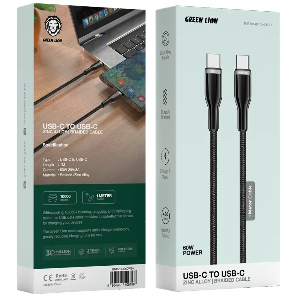 Green Lion USB-C to USB-C Braided Zinc Alloy Cable 60W 1M | Black