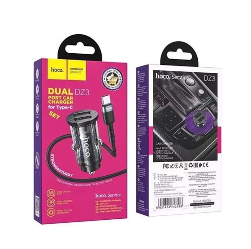 Hoco DZ3 Car Charger Set 2USB 2.4A Car Charger Set With Type C Cable