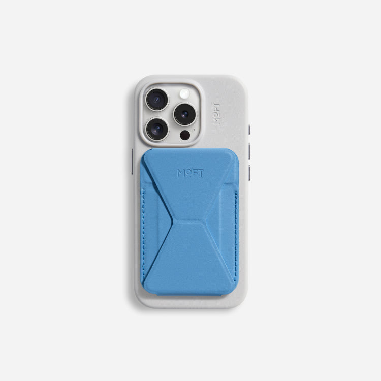 MOFT Snap Phone Stand & Wallet in Faded Jeans color, MagSafe compatible, available in Doha Qatar.