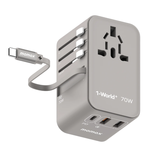 Momax 1-World 70W GaN 3-Port AC Travel Adaptor with Built-In USB-C Cable - Grey Momax 1-World 70W GaN 3-Port AC Travel Adaptor with Built-In USB-C Cable - Grey