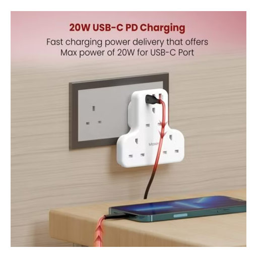 Moxedo 6 in 1 UK-Plug Power Extension PE033 Adapter with 2 USB-A Ports and 20W USB TYPE-C PD 3.0 Fast Charging, 3 Way Electrical Extender Outlet For Home, School and Office