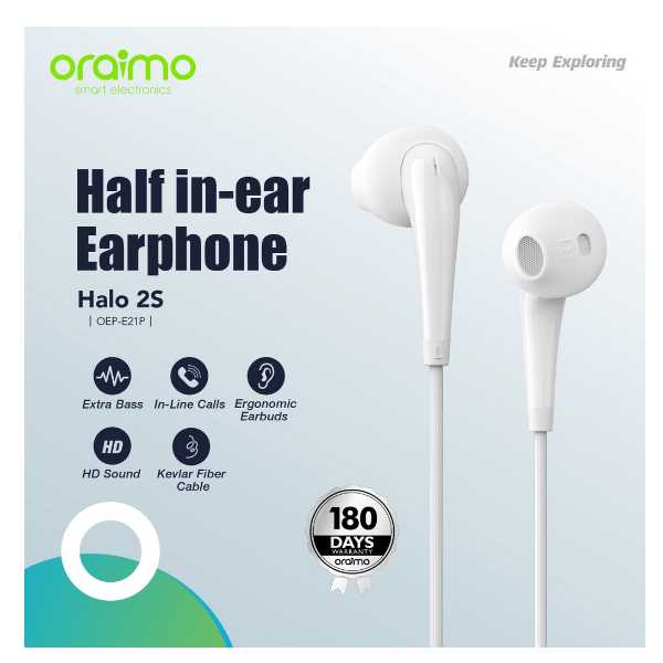 Oraimo Halo 2S OEP-E21P Wired Earphones with Mic, White Oraimo Halo 2S OEP-E21P Wired Earphones with Mic, White
