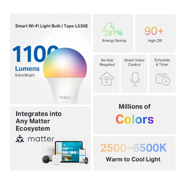 Smart WiFi Light Bulb, 1100 Lumen Multicolor Tapo L535E