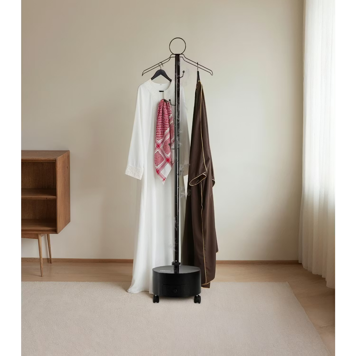 Porodo ESSENTIA Clothing Bakhour Hanger with Storage Tray & Wheels, 156cm Height, Hanger Hook Design, Easy-Move Base, Ventilation Holes, Sturdy Base, Bukhour Incense Burner Stand for Clothes (black)