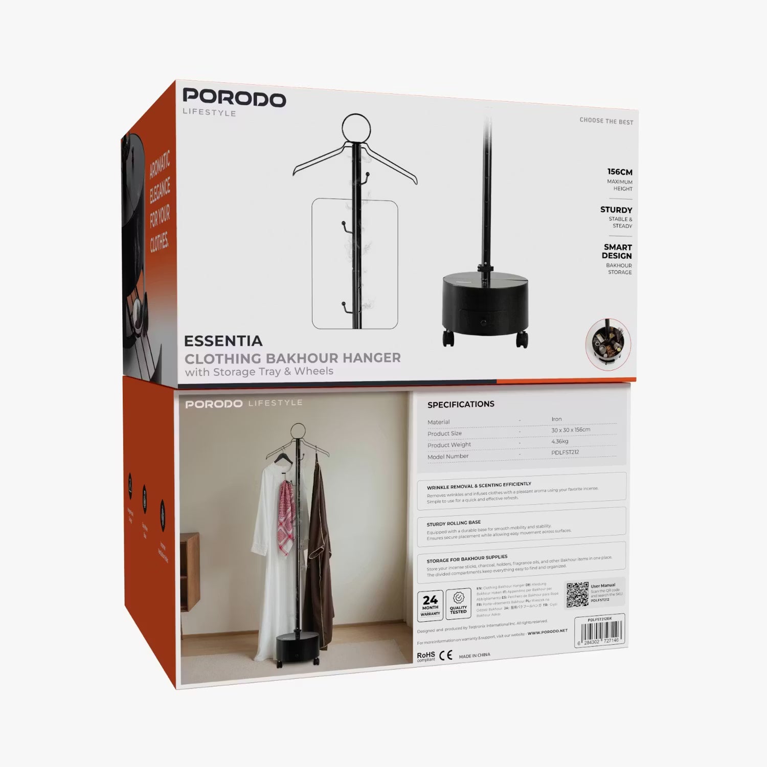 Porodo ESSENTIA Clothing Bakhour Hanger with Storage Tray & Wheels, 156cm Height, Hanger Hook Design, Easy-Move Base, Ventilation Holes, Sturdy Base, Bukhour Incense Burner Stand for Clothes (black)