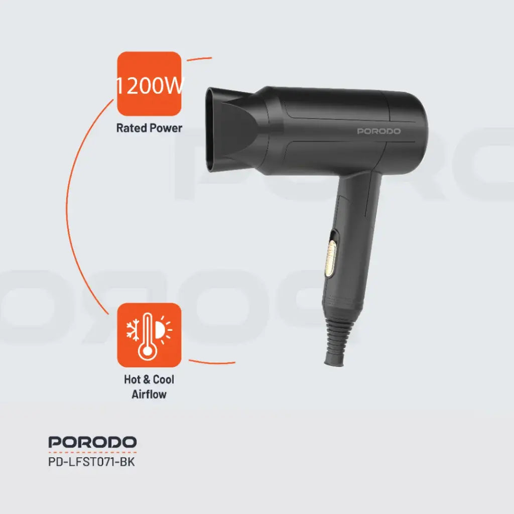 Porodo Lifestyle 1200W Foldable Hair Dryer 1.8M Cable - Black