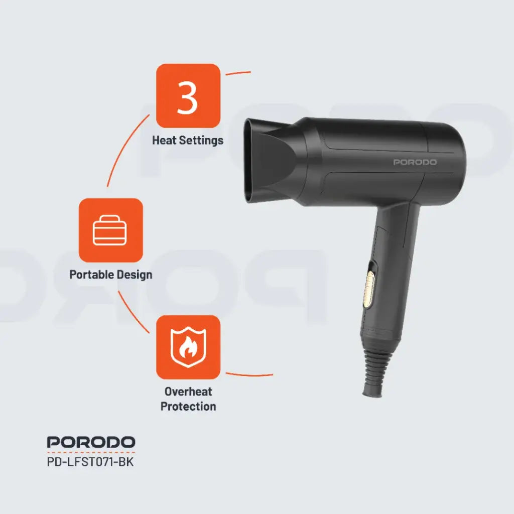 Porodo Lifestyle 1200W Foldable Hair Dryer 1.8M Cable - Black