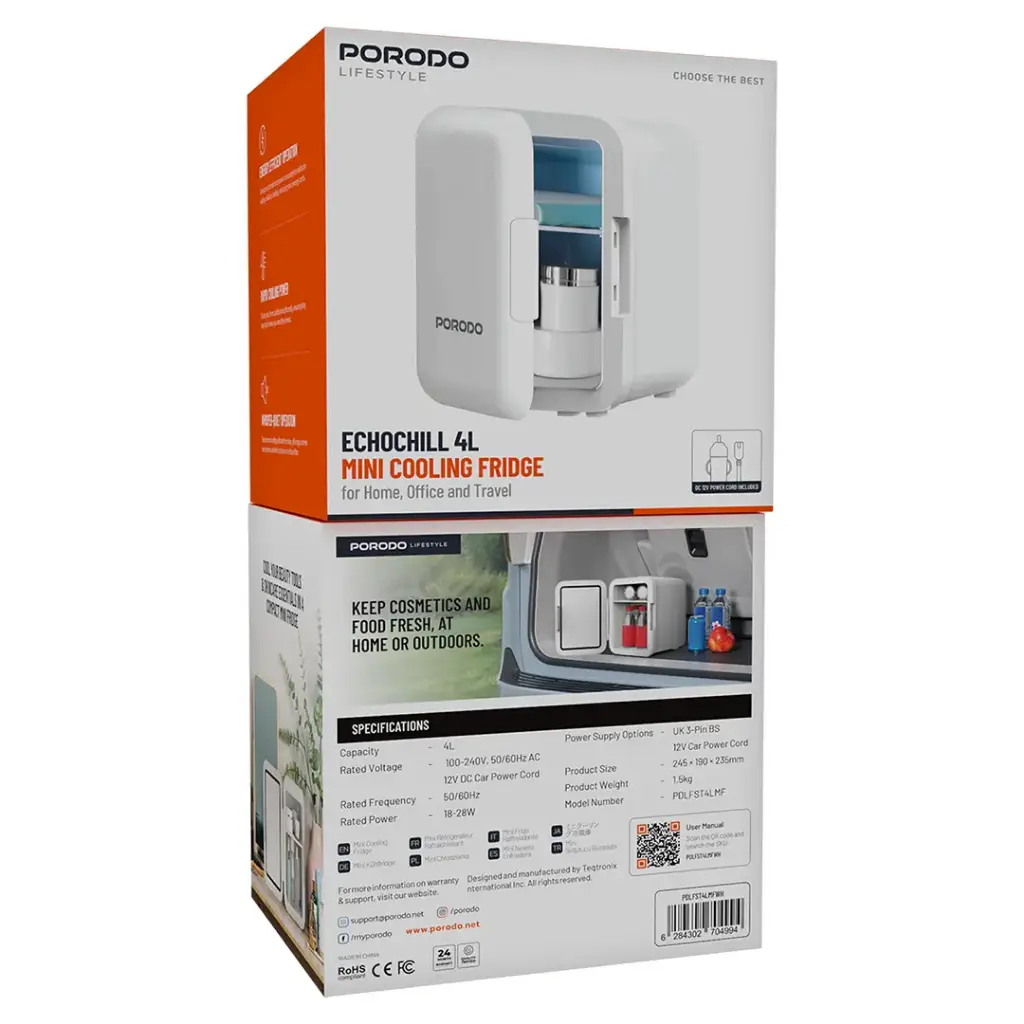 Porodo Lifestyle Echochill 4L Mini Cooling Fridge for Home, Office & Travel - White