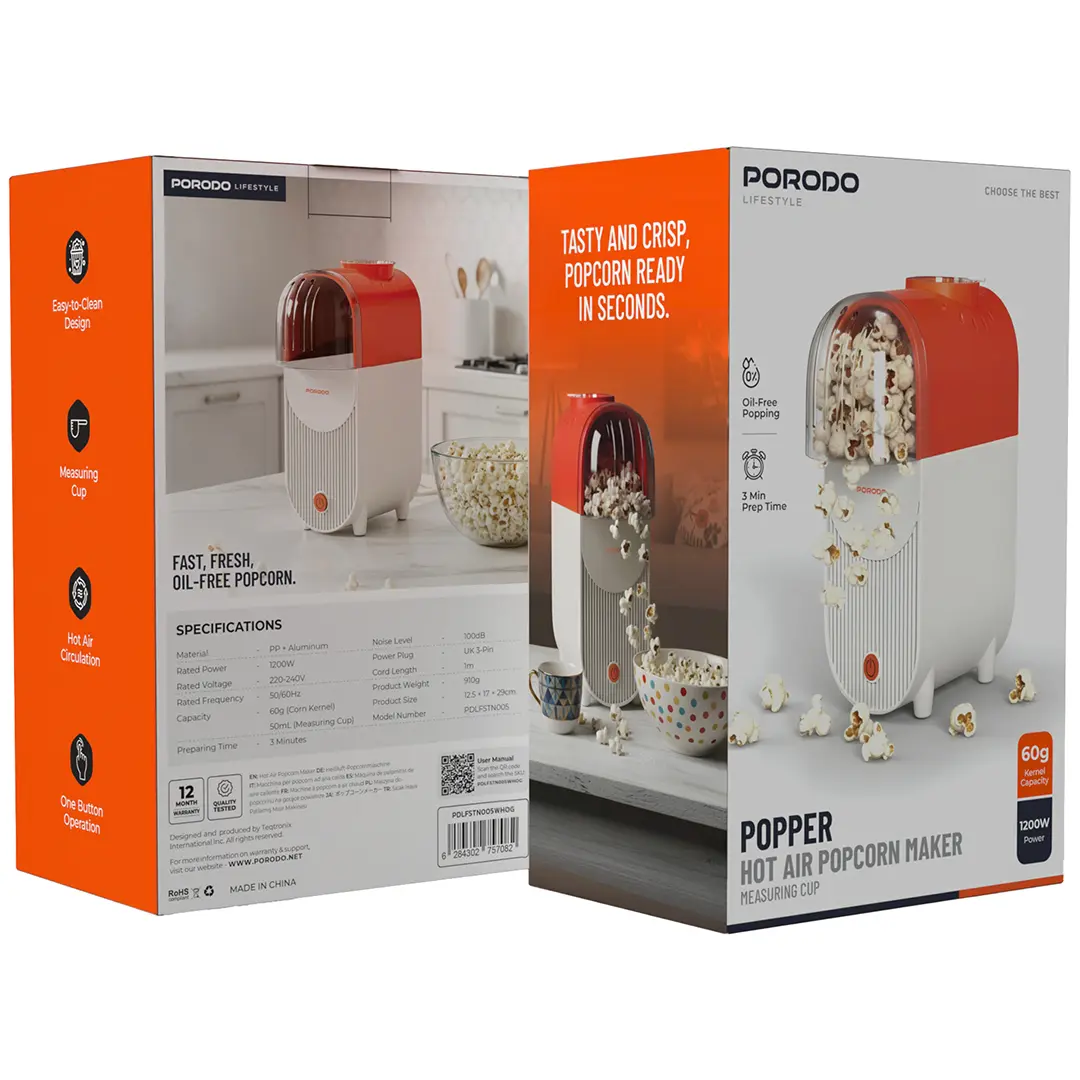 Porodo Lifestyle Popper Hot Air Popcorn Maker with Measuring Cup - White & Orange Porodo Lifestyle Popper Hot Air Popcorn Maker with Measuring Cup - White & Orange