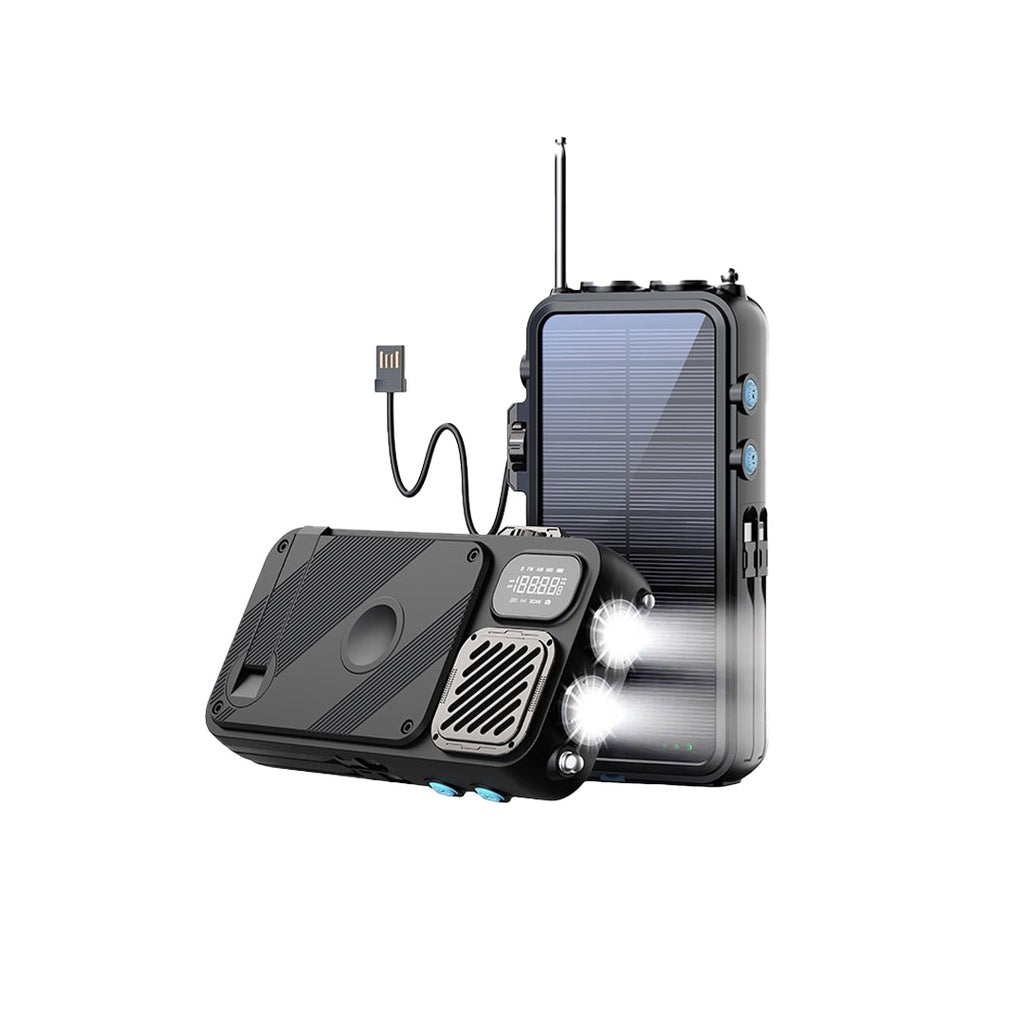 Powerology 16000mAh Solar Power Bank with FM Radio Speaker & Lights – Black