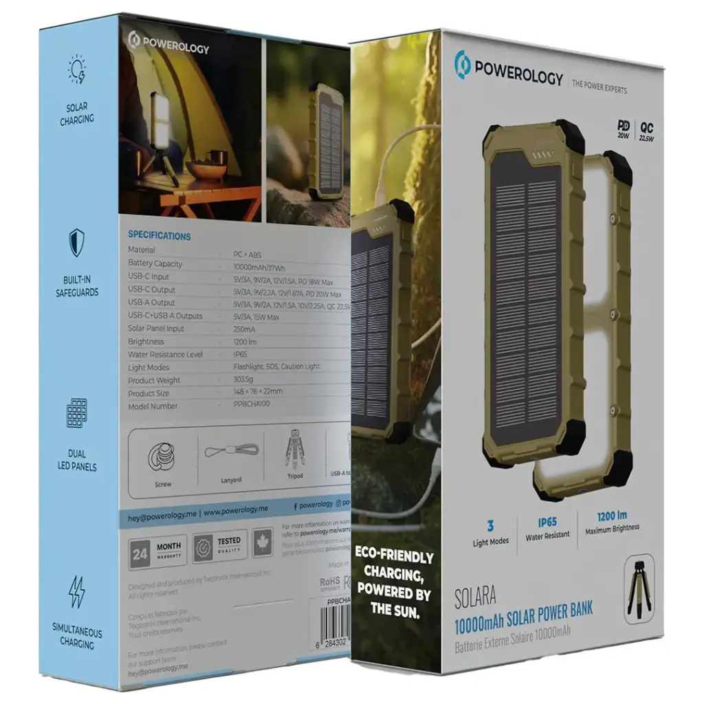 Powerology Solara 20000mAh Solar Power Bank - Khaki
