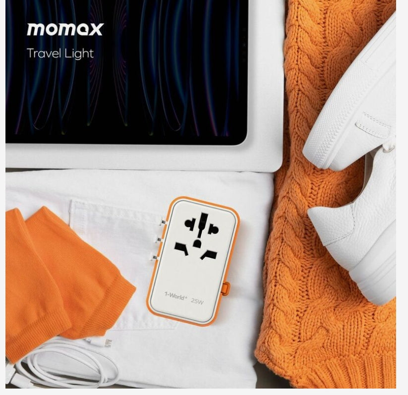Momax 1-World+ 3-Ports Travel Charger with Built-In USB-C Cable (25W) - Black