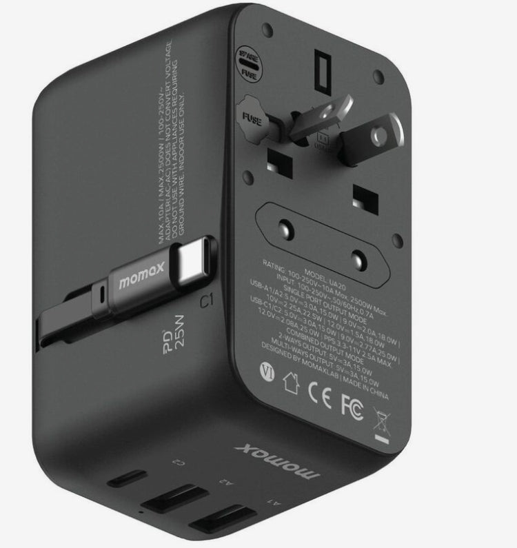 Momax 1-World+ 3-Ports Travel Charger with Built-In USB-C Cable (25W) - Black