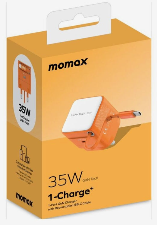 Momax 1-Charge 35W Gan 1 Port Charger With Built-In USB-C Cable - Orange