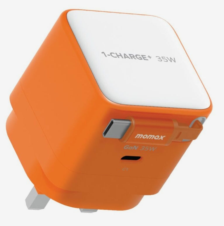 Orange Momax 1-Charge 35W GaN 1-port charger with built-in USB-C cable, perfect for online shopping and fast delivery in Doha, Qatar.