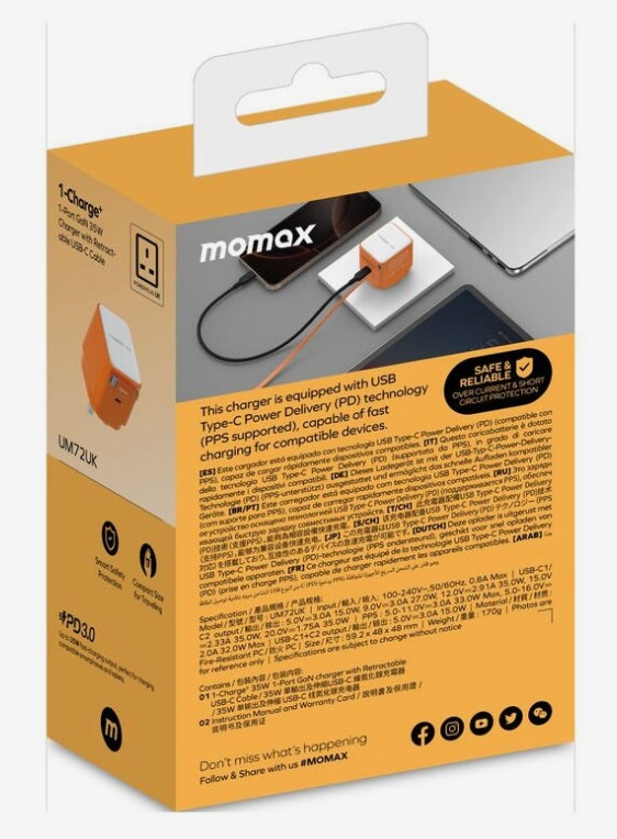 Momax 1-Charge 35W Gan 1 Port Charger With Built-In USB-C Cable - Orange