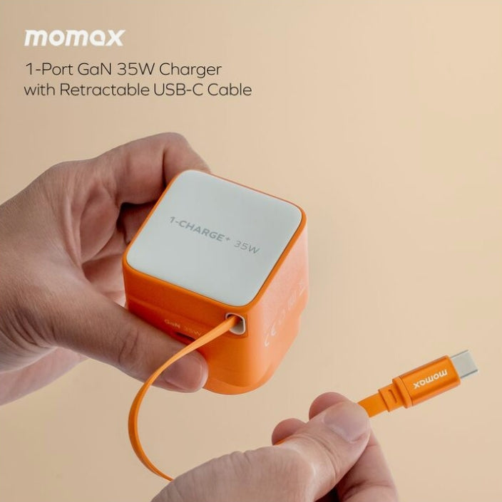 Momax 1-Charge 35W Gan 1 Port Charger With Built-In USB-C Cable - Orange