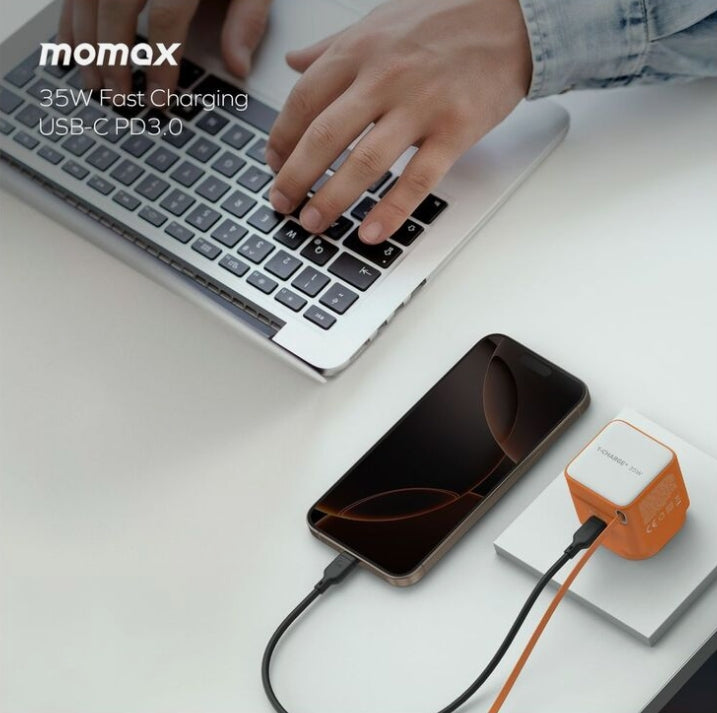 Momax 1-Charge 35W Gan 1 Port Charger With Built-In USB-C Cable - Orange