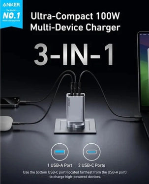Anker Prime 3-Port 100W GaN Multi-Device Charger 2x USB-C 1x USB-A PD (A2688241) - Black Anker Prime 3-Port 100W GaN Multi-Device Charger 2x USB-C 1x USB-A PD (A2688241) - Black