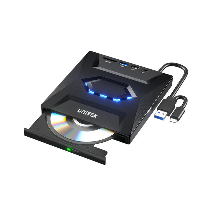 UNITEK 5-in-1 External Optical CD/DVD Writer with USB Hub available online with fast delivery in Doha, Qatar – versatile media and USB device connectivity.