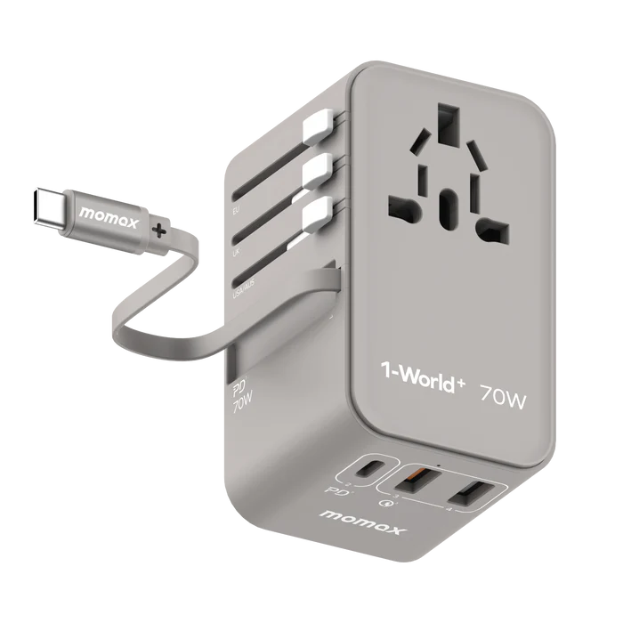 Momax1-World+ 3-Port Travel GaN Charger With Built-in USB-C Cable 70W