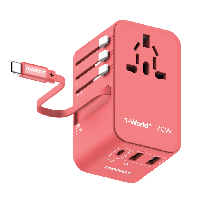 Momax 1-World+ 3-Port Travel GaN Charger With Built-in USB-C Cable 70W