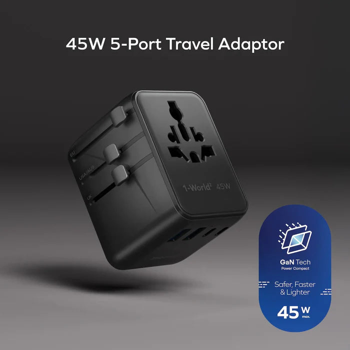 Momax 1-World² 45W 5-Port Dual AC Travel Adapter - Black Momax 1-World² 45W 5-Port Dual AC Travel Adapter - Black