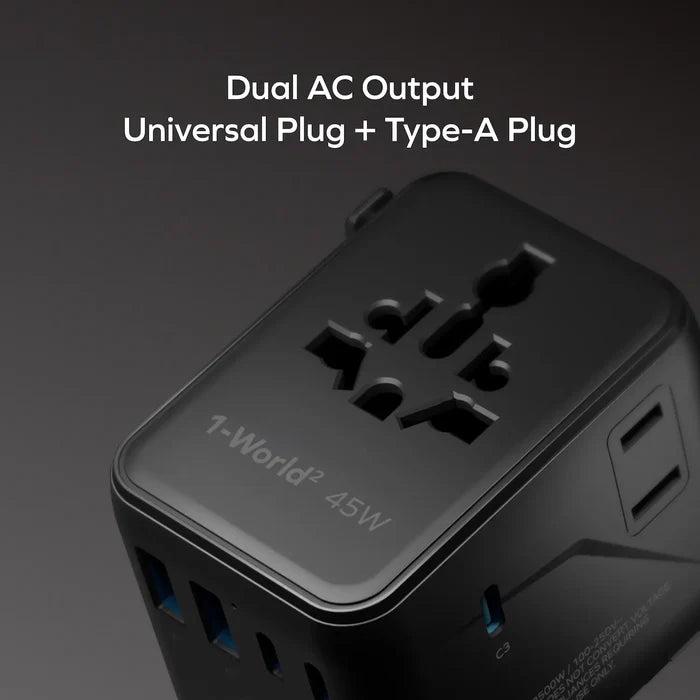 Momax 1-World² 45W 5-Port Dual AC Travel Adapter - Black Momax 1-World² 45W 5-Port Dual AC Travel Adapter - Black